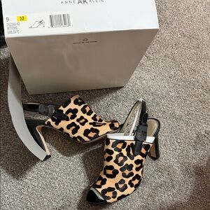 Anne Klein Leopard Print Peep-Toe Slingback Heels - Tan & Black